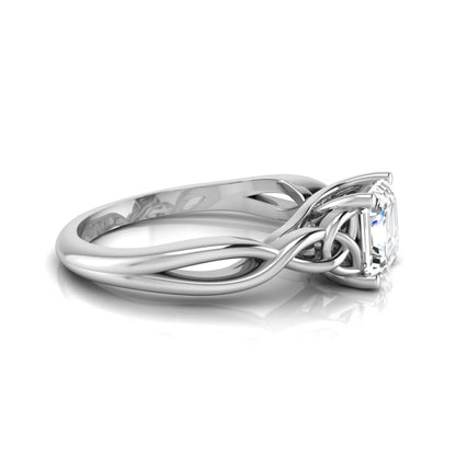Asscher cut lab grown diamond solitaire engagement ring with Celtic knot setting in white gold design.