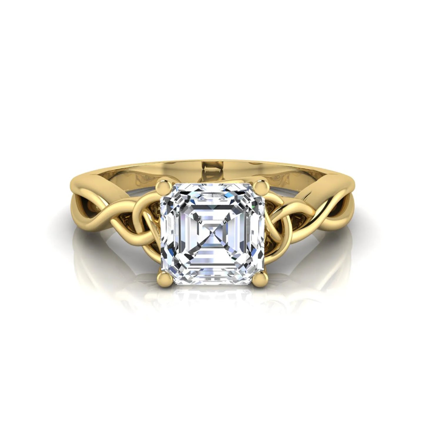 Asscher cut lab grown diamond solitaire engagement ring with Celtic knot setting in yellow gold design.