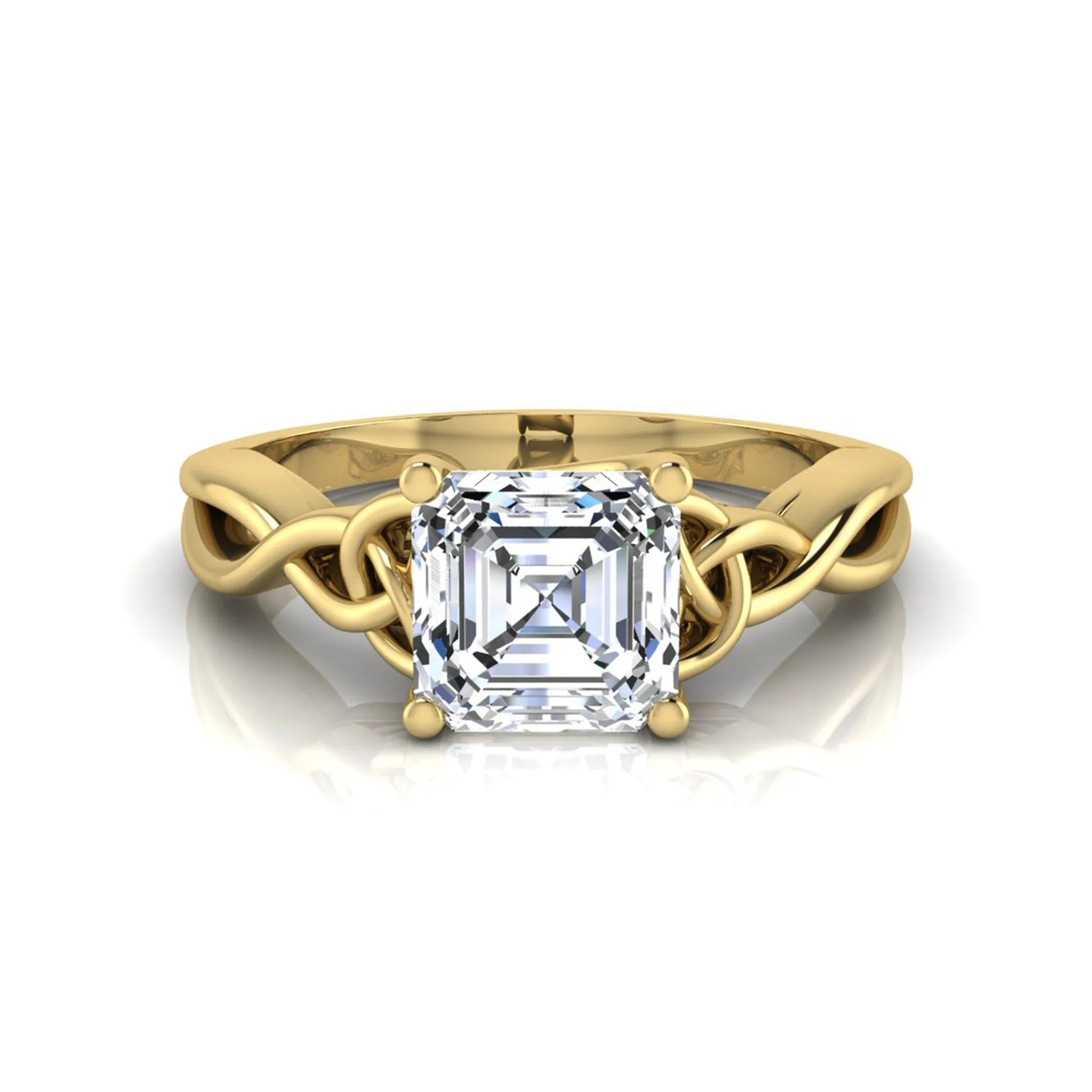 Asscher cut lab grown diamond solitaire engagement ring with Celtic knot setting in yellow gold design.