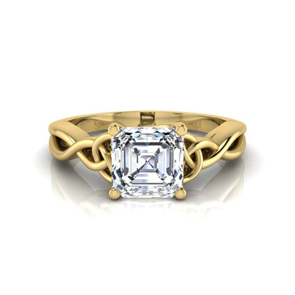 Asscher cut lab grown diamond solitaire engagement ring with Celtic knot setting in yellow gold design.