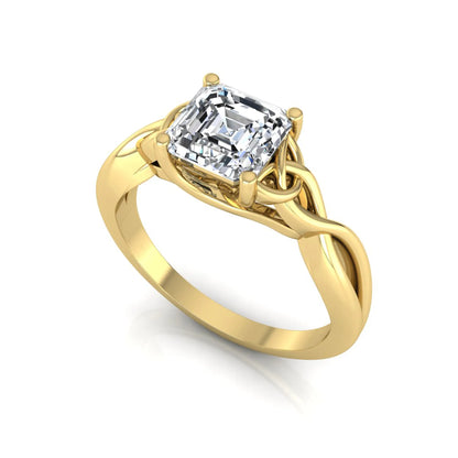 Asscher cut lab grown diamond solitaire engagement ring with Celtic knot setting in yellow gold design.