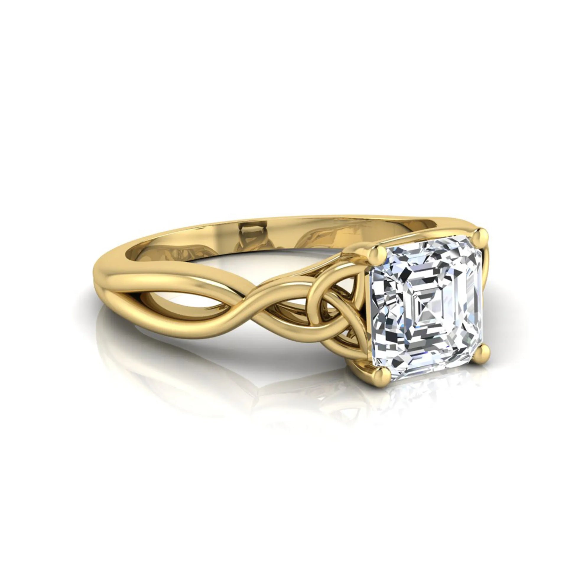 Asscher cut lab grown diamond solitaire engagement ring with Celtic knot setting in yellow gold design.