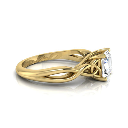 Asscher cut lab grown diamond solitaire engagement ring with Celtic knot setting in yellow gold design.