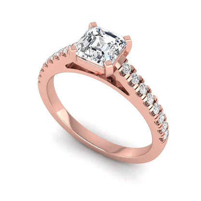 Asscher cut lab grown diamond solitaire engagement ring featuring a four-prong center diamond with a pavé-set round diamond band in a rose gold finish.