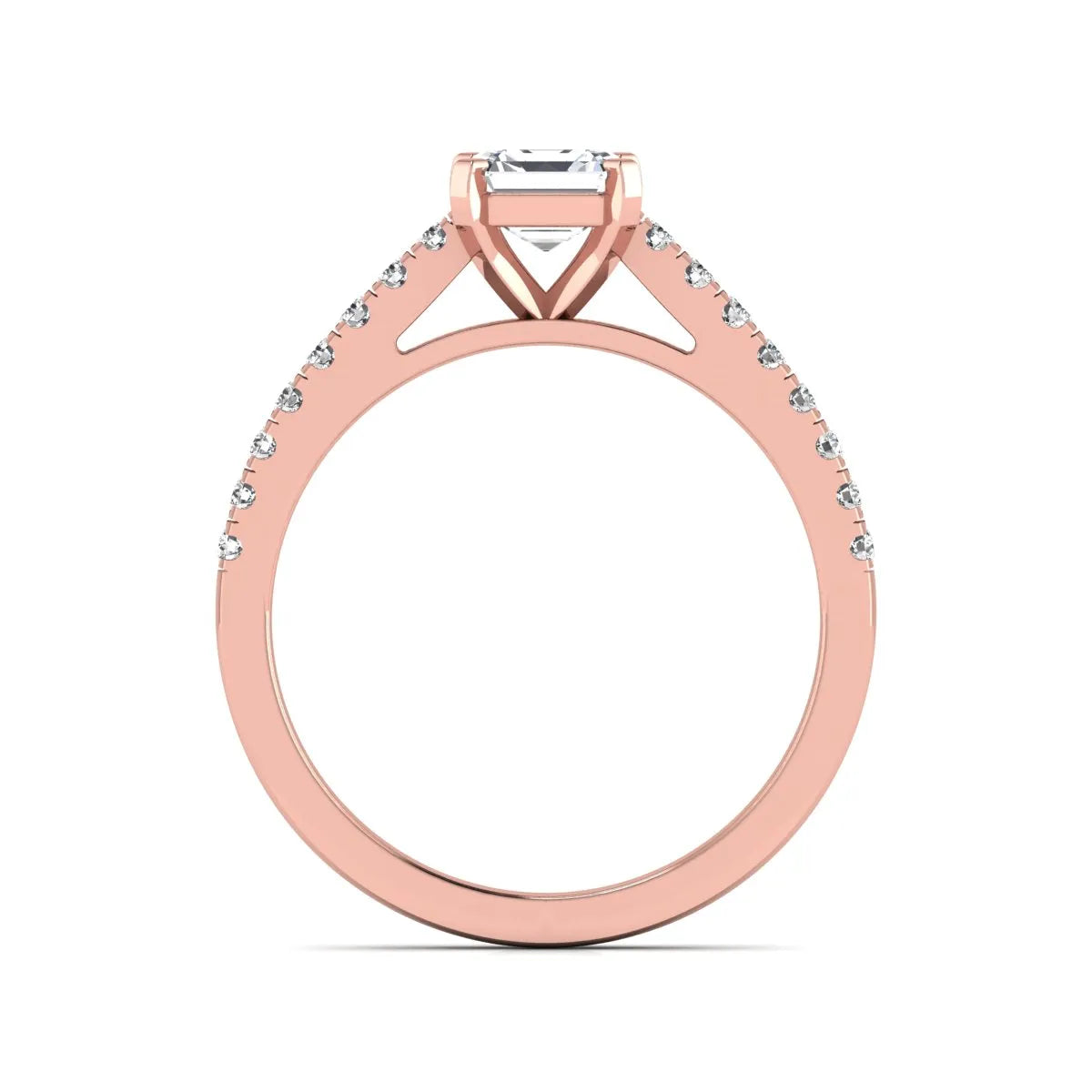 Asscher cut lab grown diamond solitaire engagement ring featuring a four-prong center diamond with a pavé-set round diamond band in a rose gold finish.