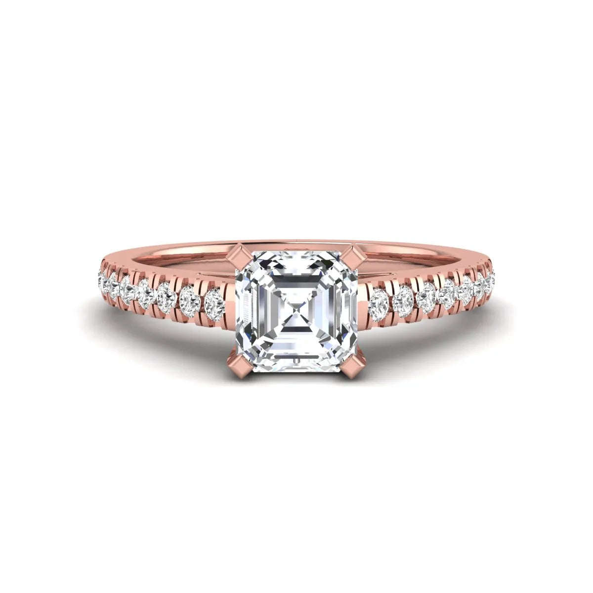 Asscher cut lab grown diamond solitaire engagement ring featuring a four-prong center diamond with a pavé-set round diamond band in a rose gold finish.