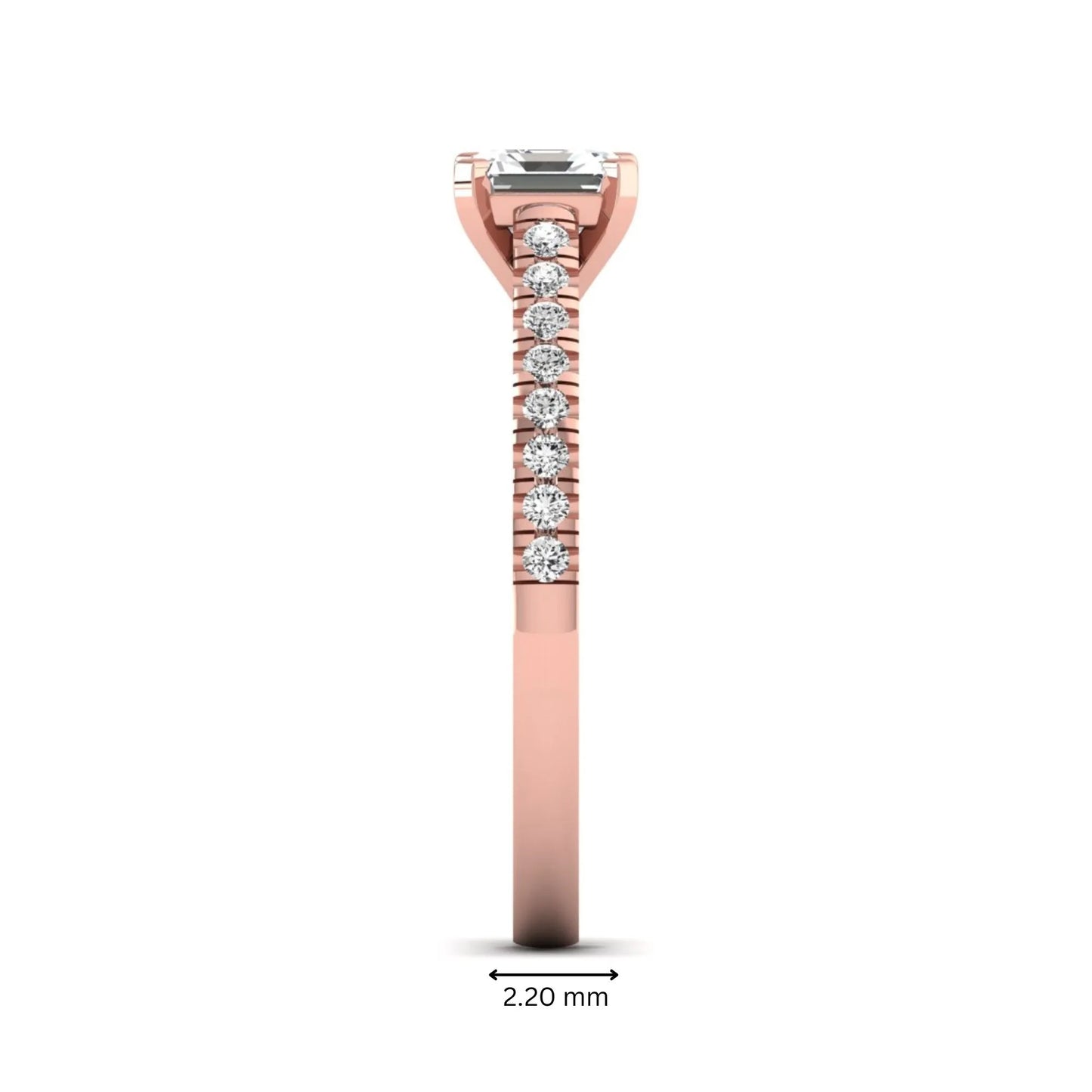 Asscher cut lab grown diamond solitaire engagement ring featuring a four-prong center diamond with a pavé-set round diamond band in a rose gold finish.