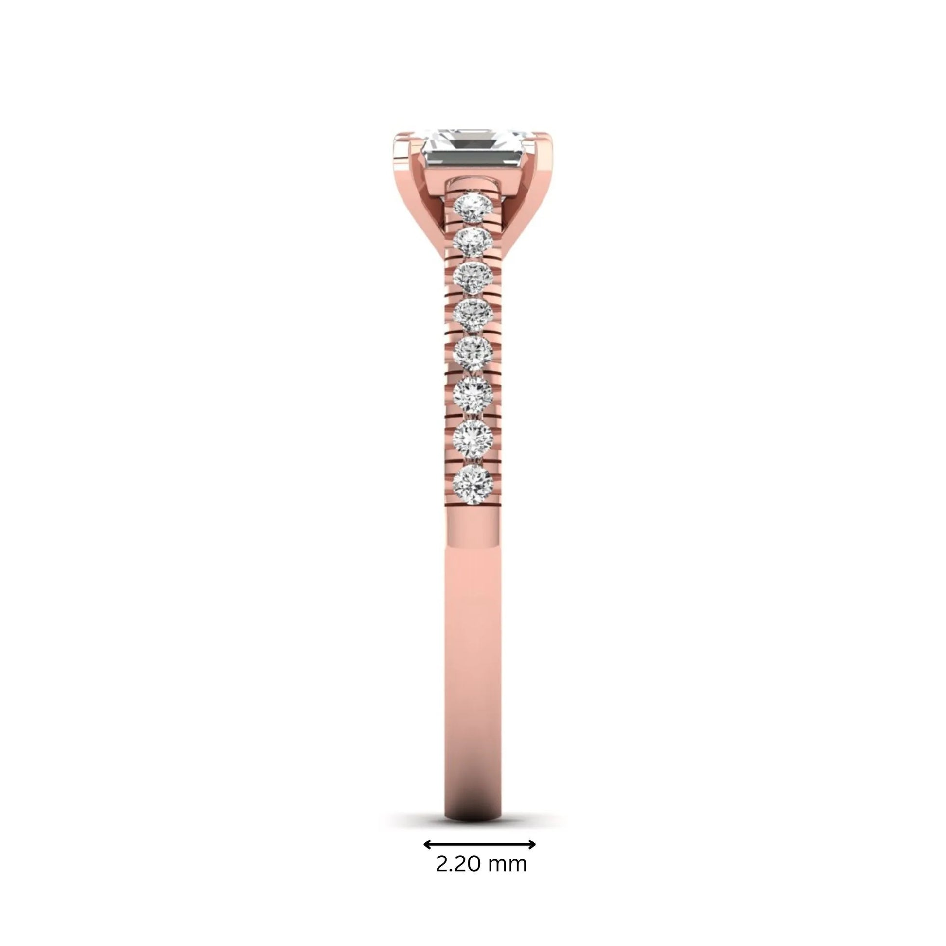 Asscher cut lab grown diamond solitaire engagement ring featuring a four-prong center diamond with a pavé-set round diamond band in a rose gold finish.