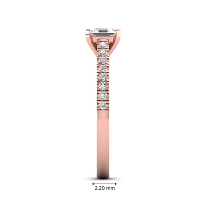 Asscher cut lab grown diamond solitaire engagement ring featuring a four-prong center diamond with a pavé-set round diamond band in a rose gold finish.