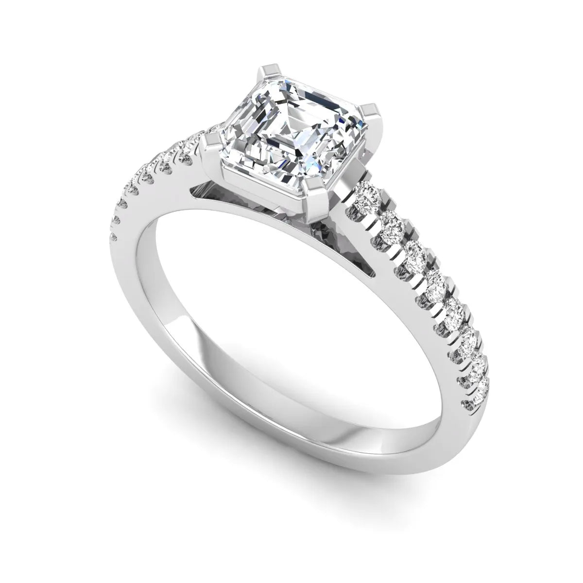 Asscher cut lab grown diamond solitaire engagement ring featuring a four-prong center diamond with a pavé-set round diamond band in a white gold finish.