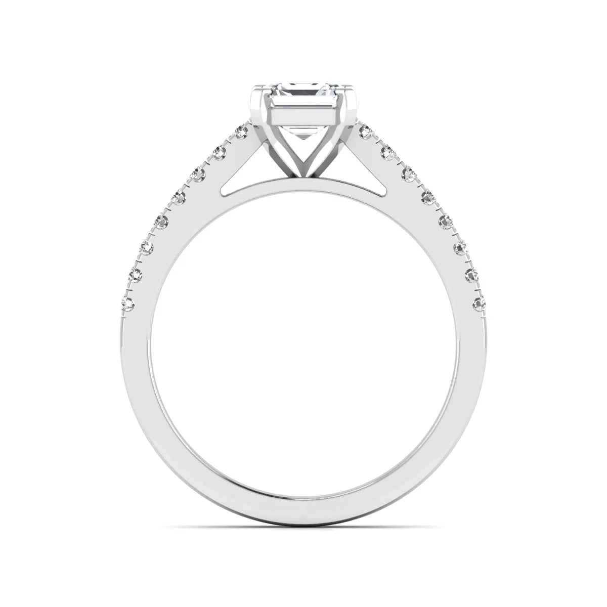 Asscher cut lab grown diamond solitaire engagement ring featuring a four-prong center diamond with a pavé-set round diamond band in a white gold finish.