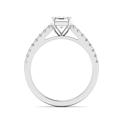 Asscher cut lab grown diamond solitaire engagement ring featuring a four-prong center diamond with a pavé-set round diamond band in a white gold finish.