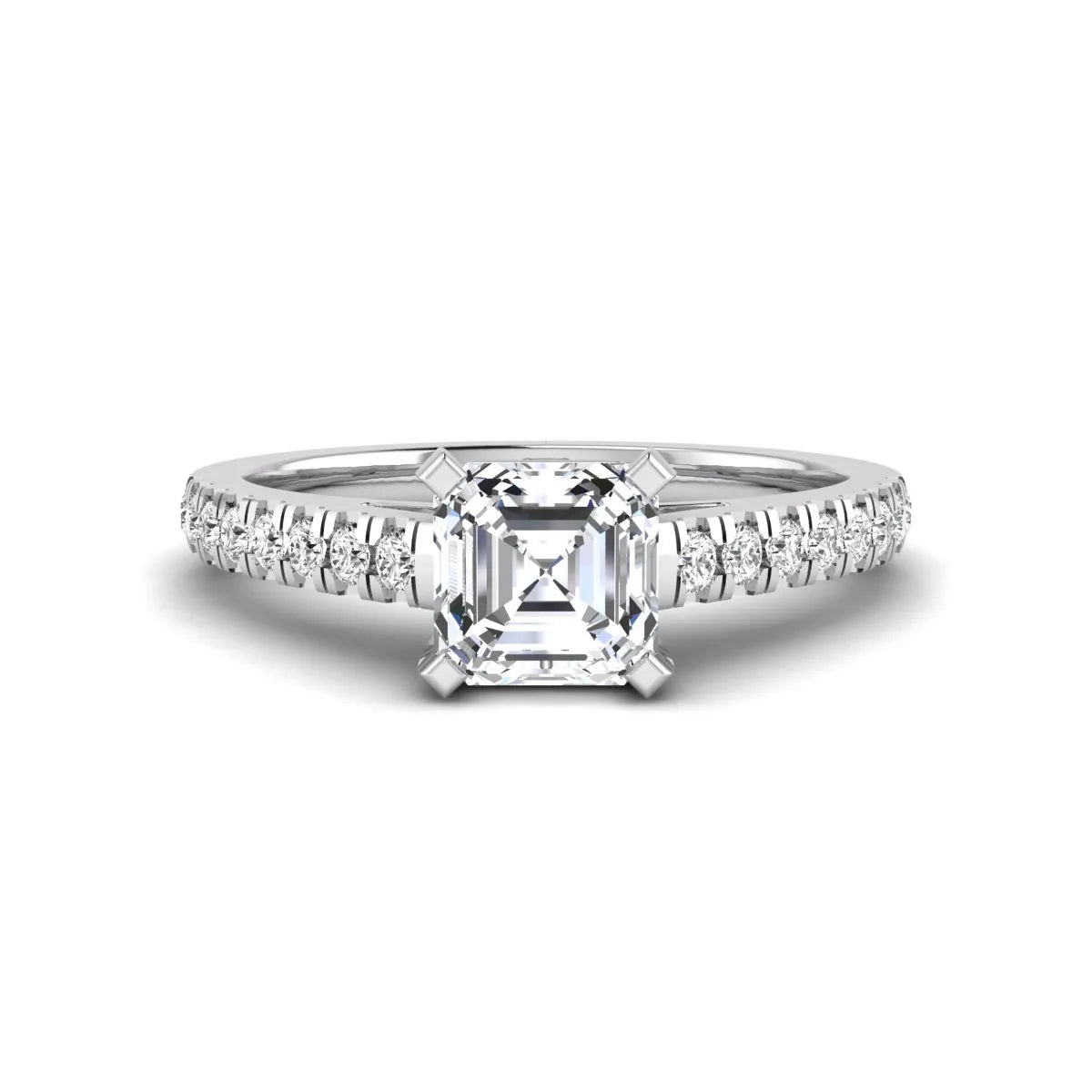 Asscher cut lab grown diamond solitaire engagement ring featuring a four-prong center diamond with a pavé-set round diamond band in a white gold finish.
