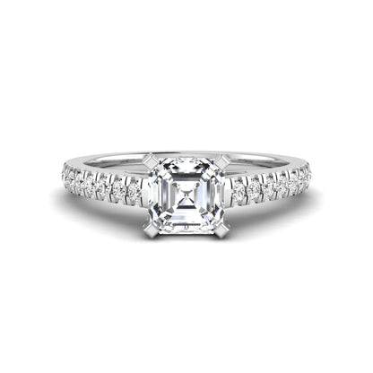 Asscher cut lab grown diamond solitaire engagement ring featuring a four-prong center diamond with a pavé-set round diamond band in a white gold finish.