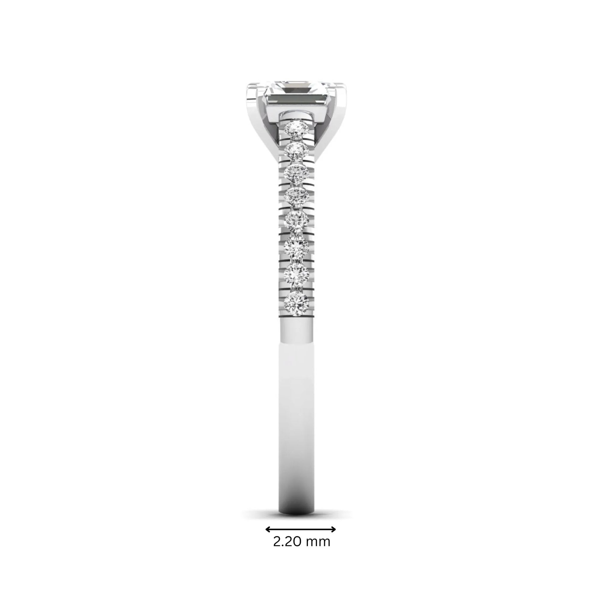 Asscher cut lab grown diamond solitaire engagement ring featuring a four-prong center diamond with a pavé-set round diamond band in a white gold finish.