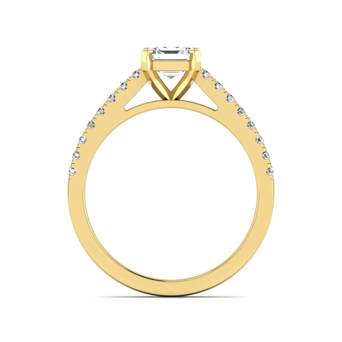 Asscher cut lab grown diamond solitaire engagement ring featuring a four-prong center diamond with a pavé-set round diamond band in a yellow gold finish.