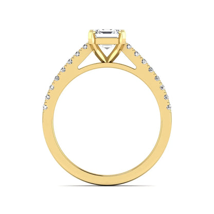Asscher cut lab grown diamond solitaire engagement ring featuring a four-prong center diamond with a pavé-set round diamond band in a yellow gold finish.