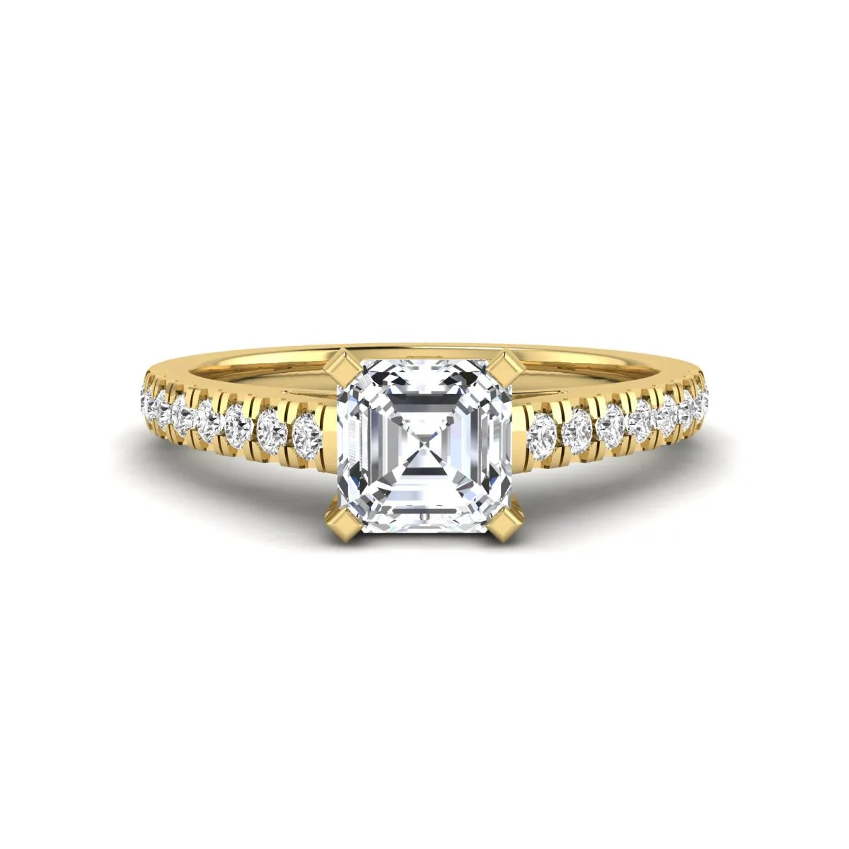 Asscher cut lab grown diamond solitaire engagement ring featuring a four-prong center diamond with a pavé-set round diamond band in a yellow gold finish.