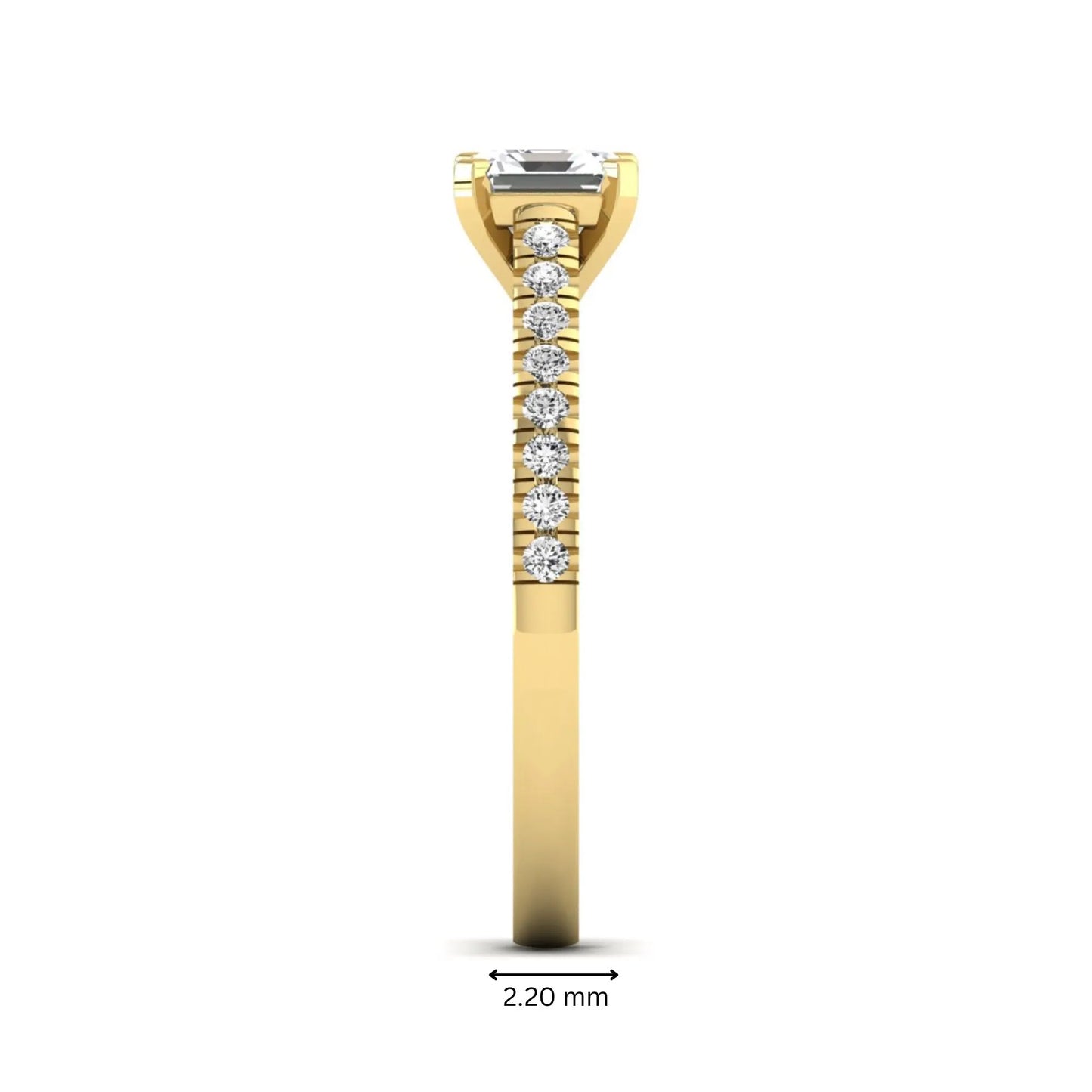 Asscher cut lab grown diamond solitaire engagement ring featuring a four-prong center diamond with a pavé-set round diamond band in a yellow gold finish.