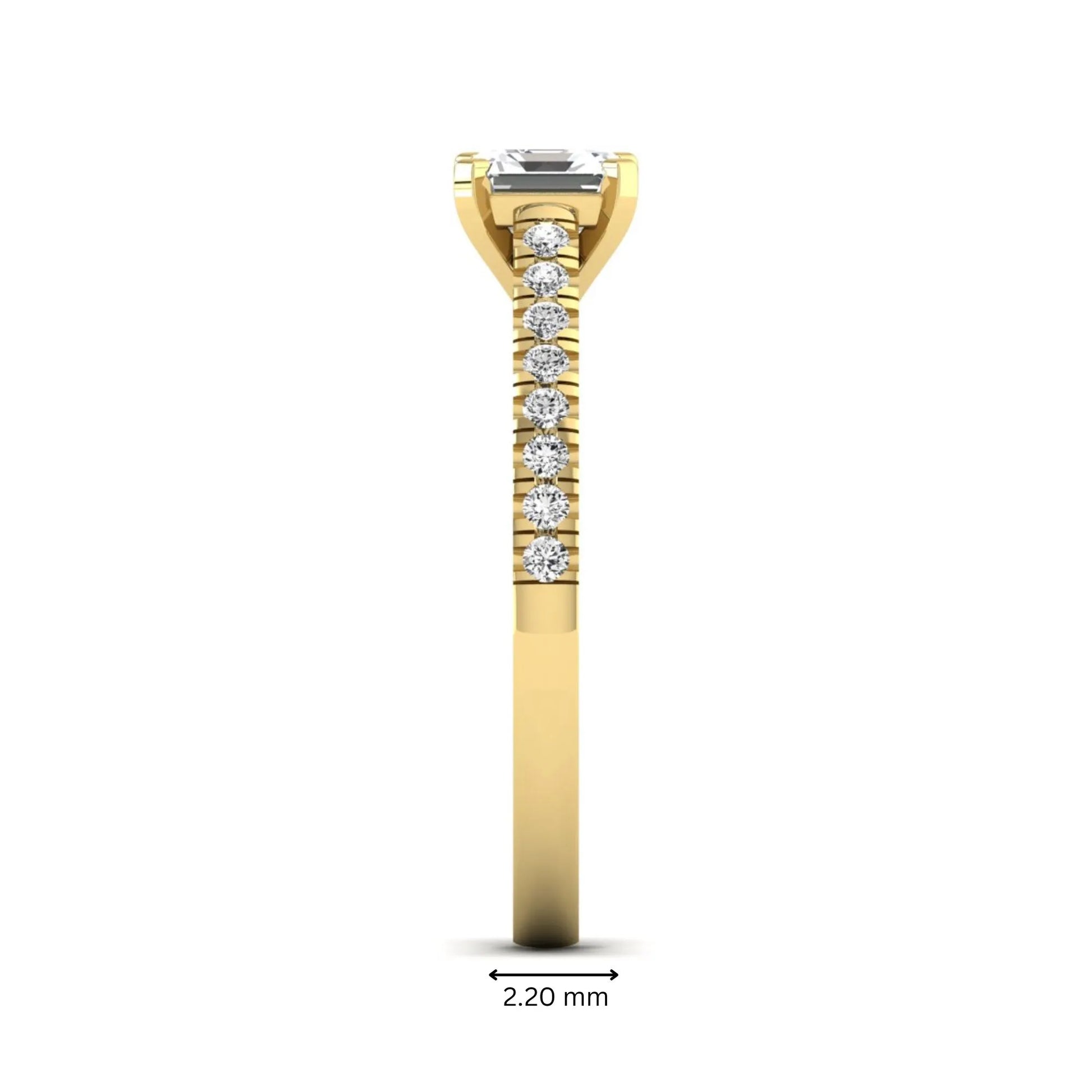 Asscher cut lab grown diamond solitaire engagement ring featuring a four-prong center diamond with a pavé-set round diamond band in a yellow gold finish.