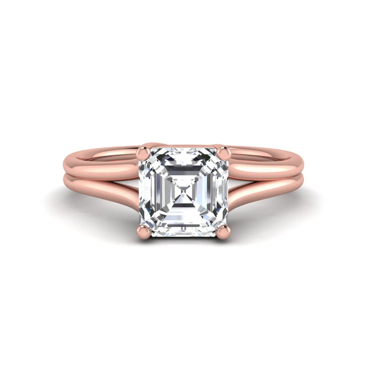 IGI Certified 1.25 carat Asscher cut lab grown diamond solitaire engagement ring with elegant split shank band in rose gold.