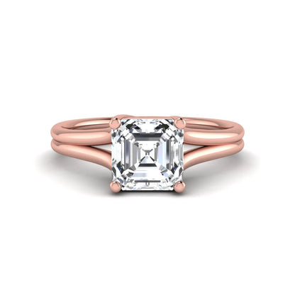 IGI Certified 1.25 carat Asscher cut lab grown diamond solitaire engagement ring with elegant split shank band in rose gold.