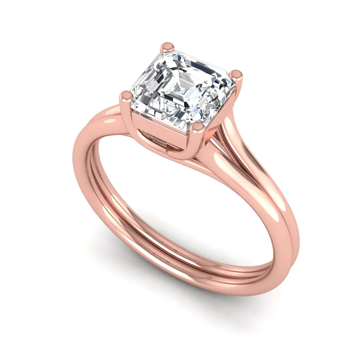 IGI Certified 1.25 carat Asscher cut lab grown diamond solitaire engagement ring with elegant split shank band in rose gold.