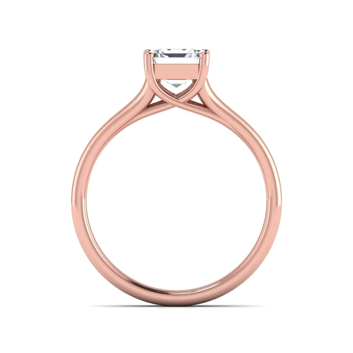 IGI Certified 1.25 carat Asscher cut lab grown diamond solitaire engagement ring with elegant split shank band in rose gold.