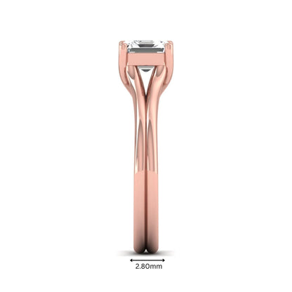 IGI Certified 1.25 carat Asscher cut lab grown diamond solitaire engagement ring with elegant split shank band in rose gold.