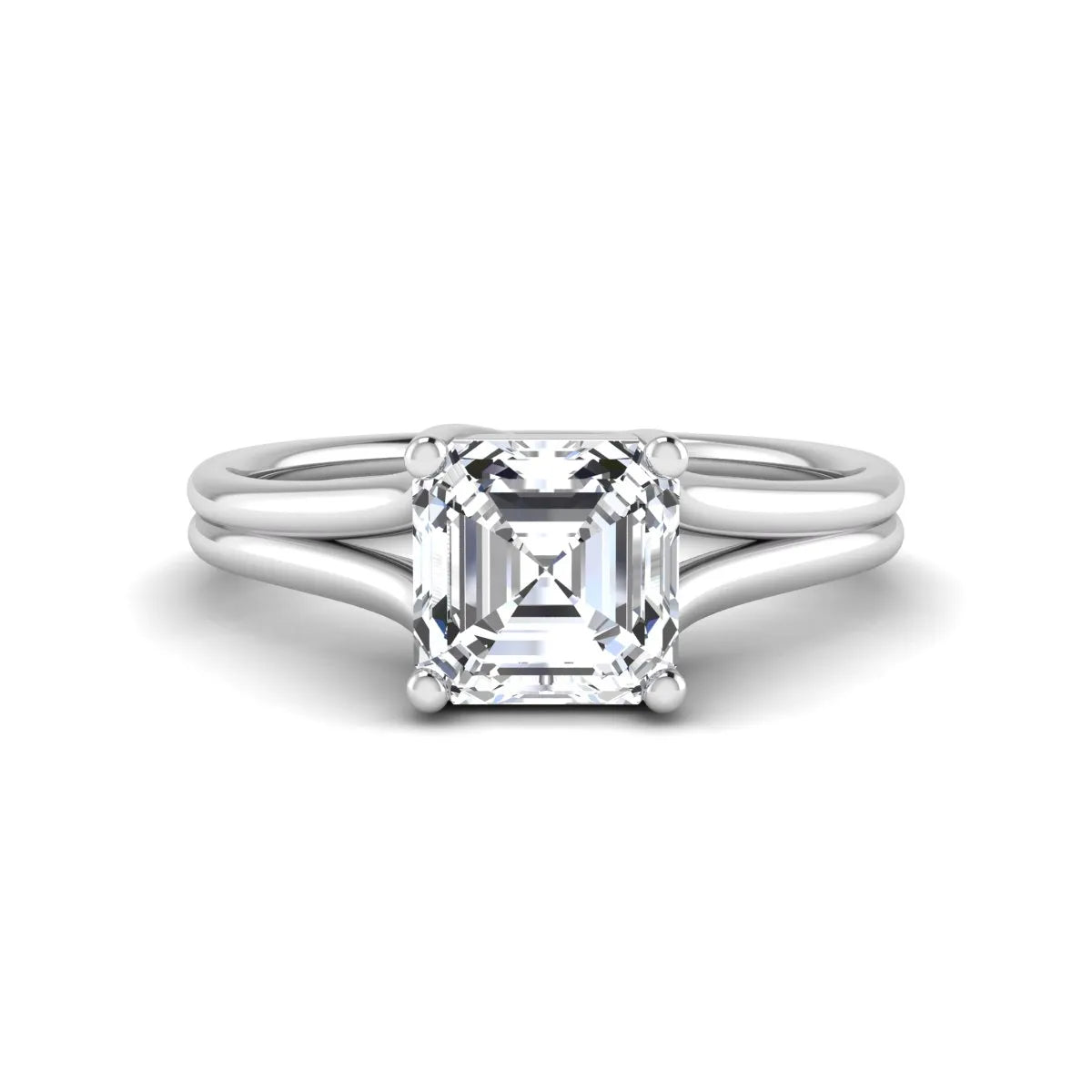 IGI Certified 1.25 carat Asscher cut lab grown diamond solitaire engagement ring with elegant split shank band in white gold.