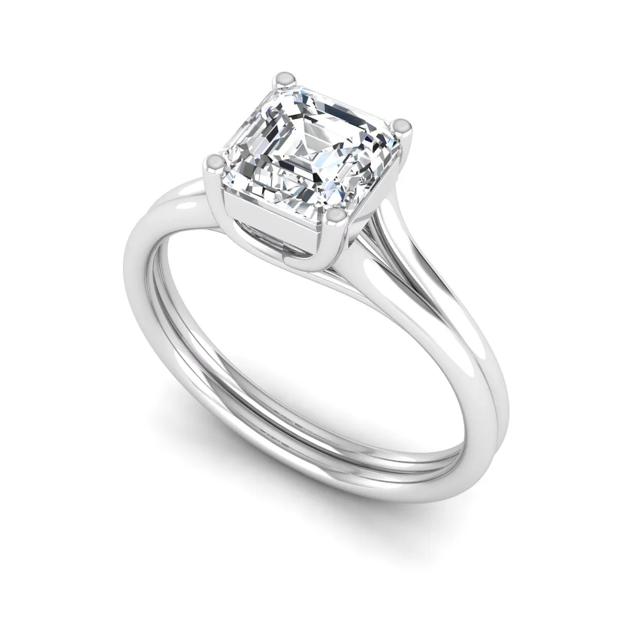 IGI Certified 1.25 carat Asscher cut lab grown diamond solitaire engagement ring with elegant split shank band in white gold.