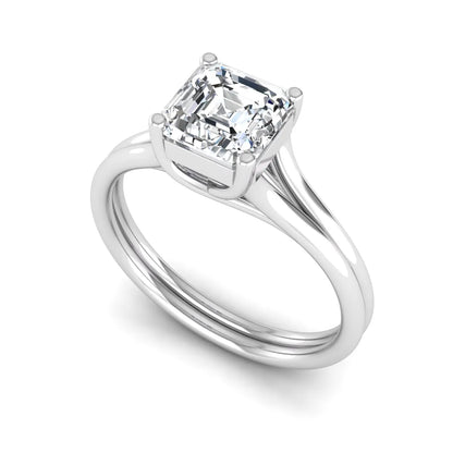 IGI Certified 1.25 carat Asscher cut lab grown diamond solitaire engagement ring with elegant split shank band in white gold.