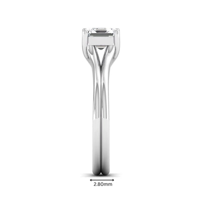 IGI Certified 1.25 carat Asscher cut lab grown diamond solitaire engagement ring with elegant split shank band in white gold.
