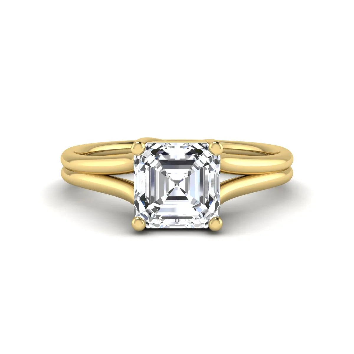 IGI Certified 1.25 carat Asscher cut lab grown diamond solitaire engagement ring with elegant split shank band in yellow gold.