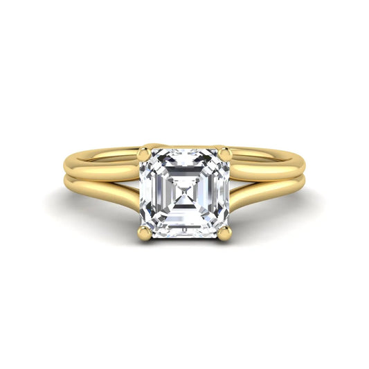 IGI Certified 1.25 carat Asscher cut lab grown diamond solitaire engagement ring with elegant split shank band in yellow gold.
