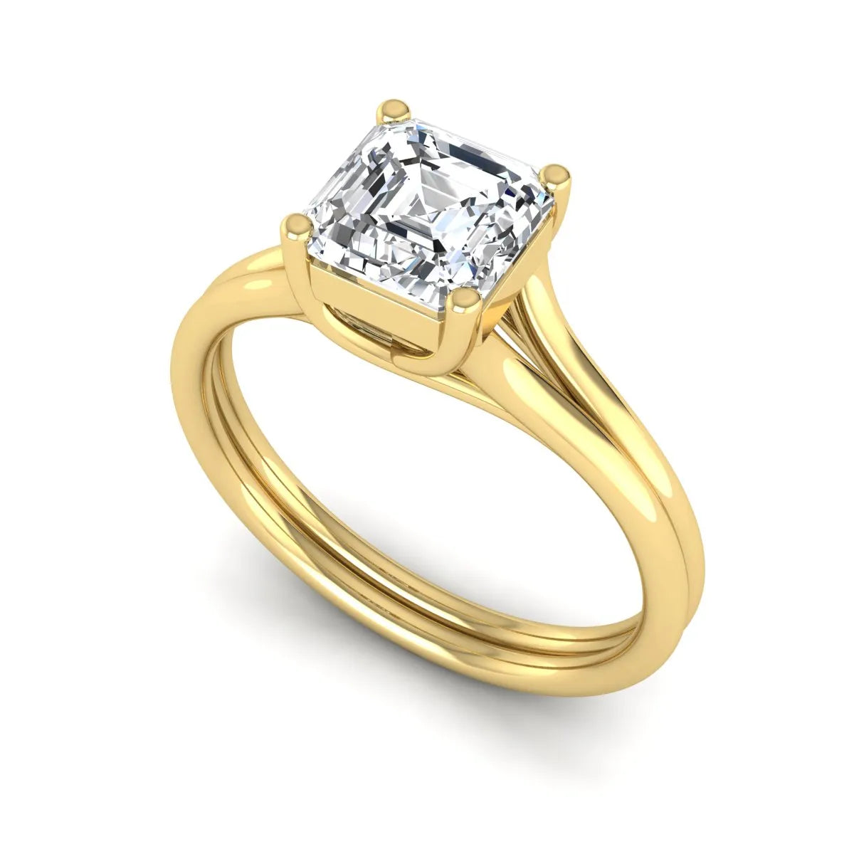 IGI Certified 1.25 carat Asscher cut lab grown diamond solitaire engagement ring with elegant split shank band in yellow gold.