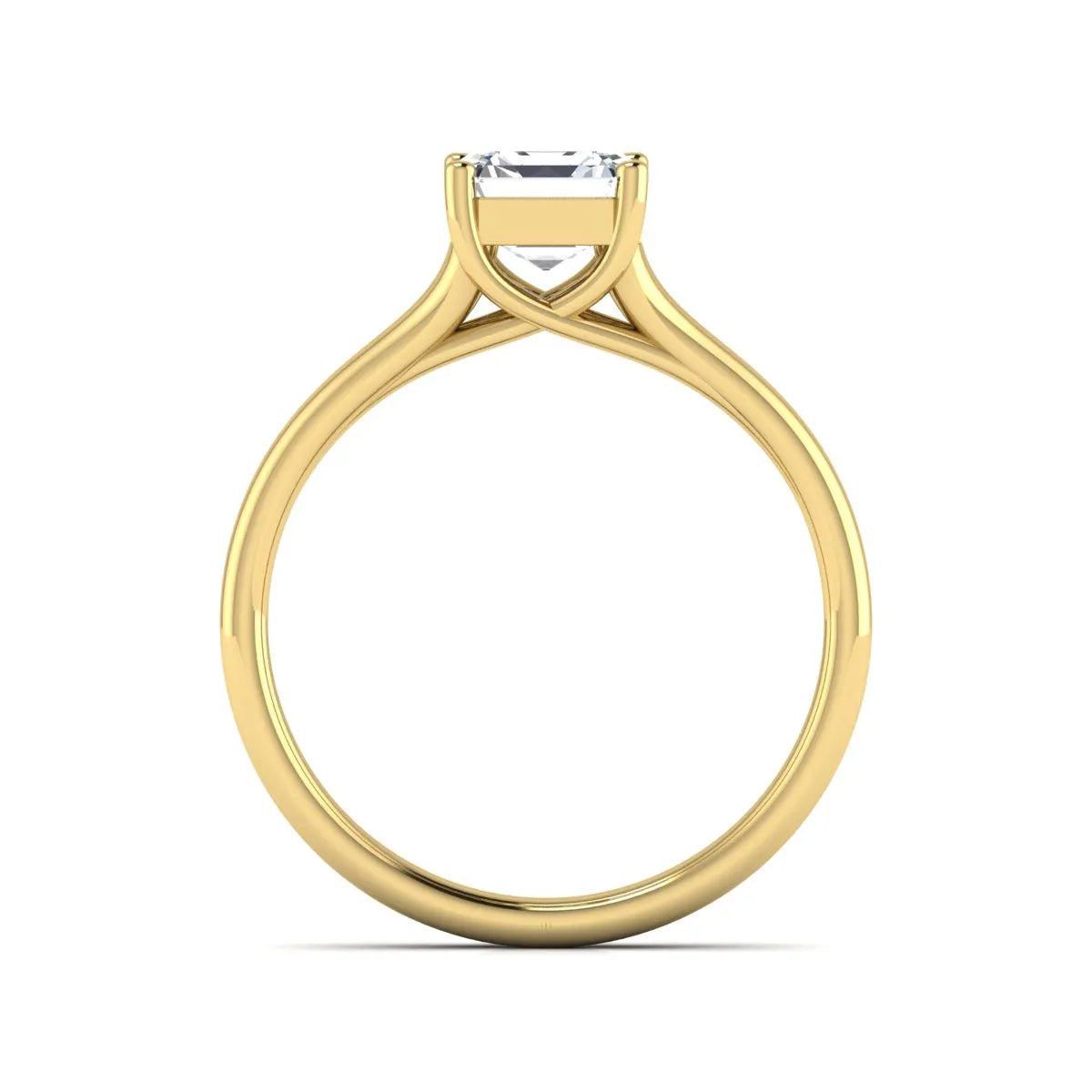 IGI Certified 1.25 carat Asscher cut lab grown diamond solitaire engagement ring with elegant split shank band in yellow gold.