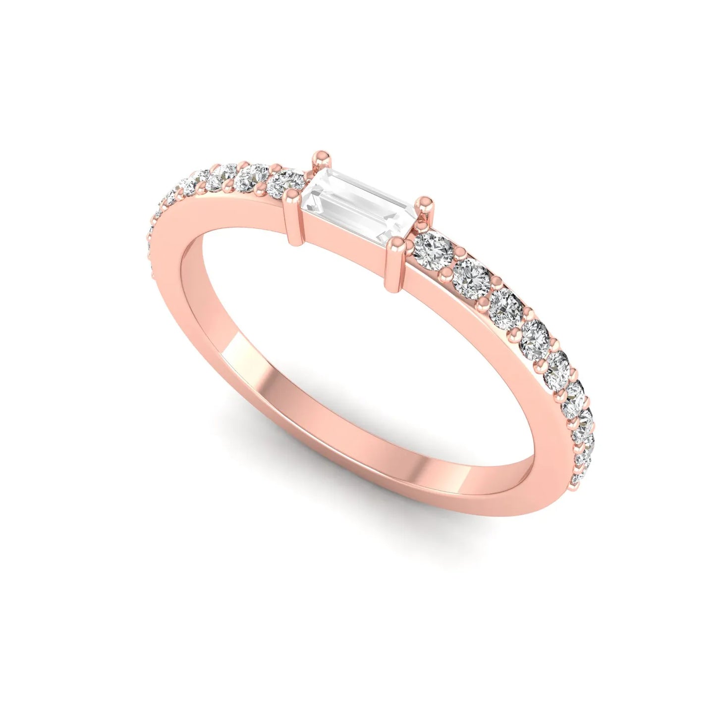 Baguette cut lab grown diamond band ring featuring a bar-prong set center diamond with round accent diamonds on a slim rose gold style band.