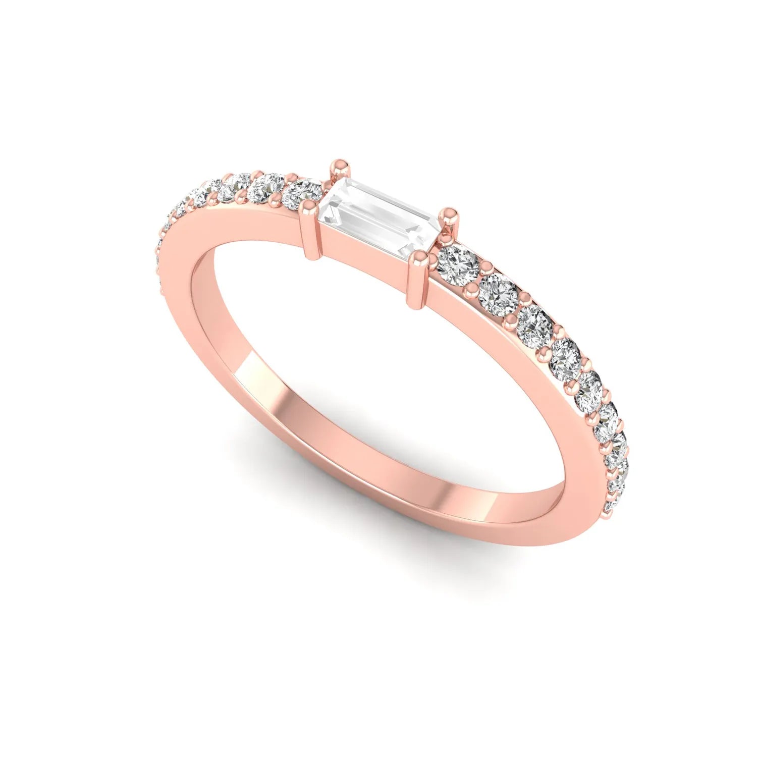 Baguette cut lab grown diamond band ring featuring a bar-prong set center diamond with round accent diamonds on a slim rose gold style band.