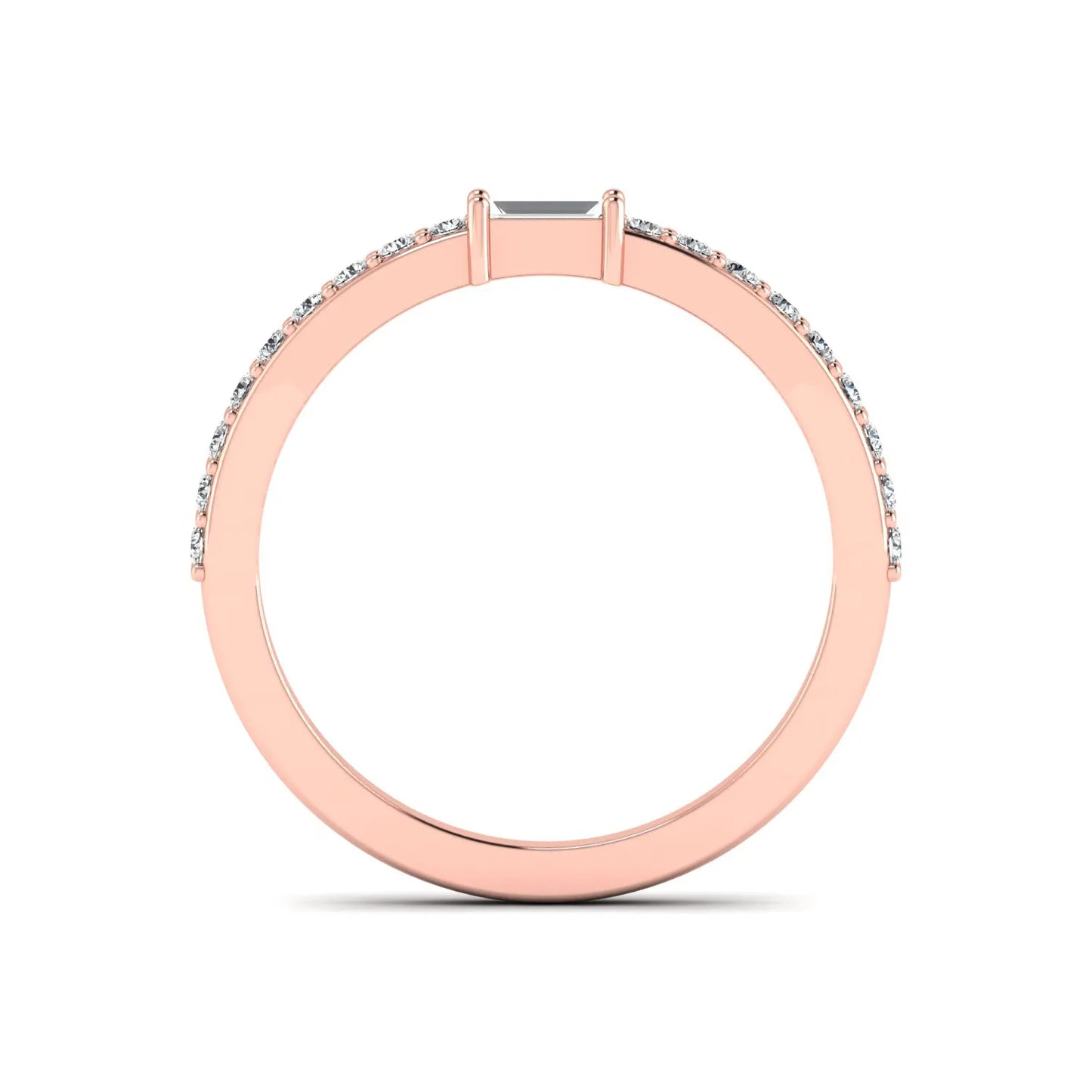 Baguette cut lab grown diamond band ring featuring a bar-prong set center diamond with round accent diamonds on a slim rose gold style band.