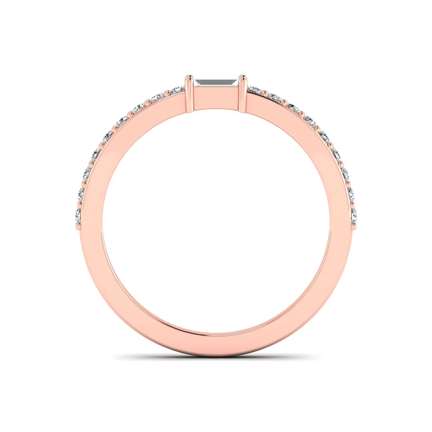 Baguette cut lab grown diamond band ring featuring a bar-prong set center diamond with round accent diamonds on a slim rose gold style band.