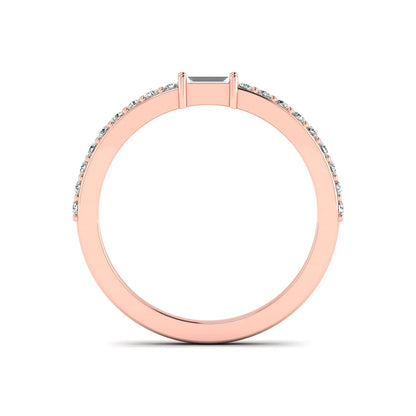 Baguette cut lab grown diamond band ring featuring a bar-prong set center diamond with round accent diamonds on a slim rose gold style band.