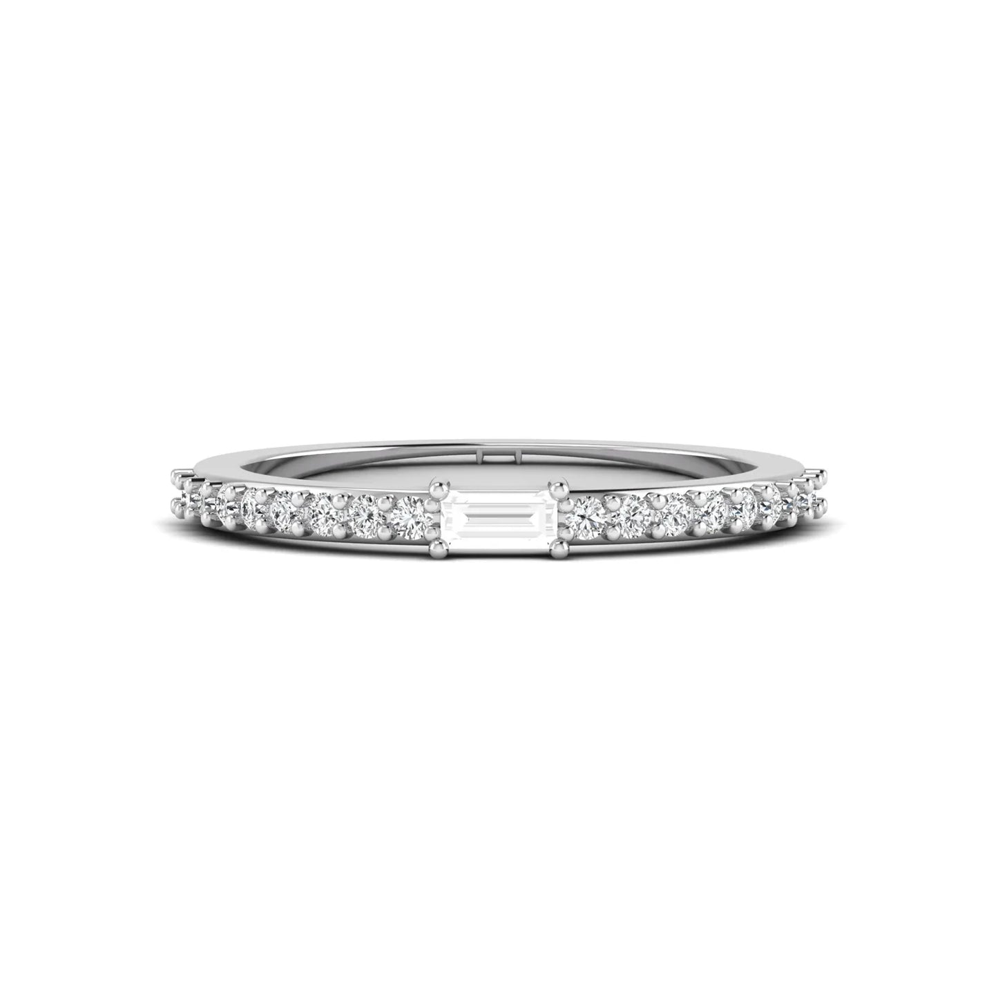 Baguette cut lab grown diamond band ring featuring a bar-prong set center diamond with round accent diamonds on a slim white gold style band.
