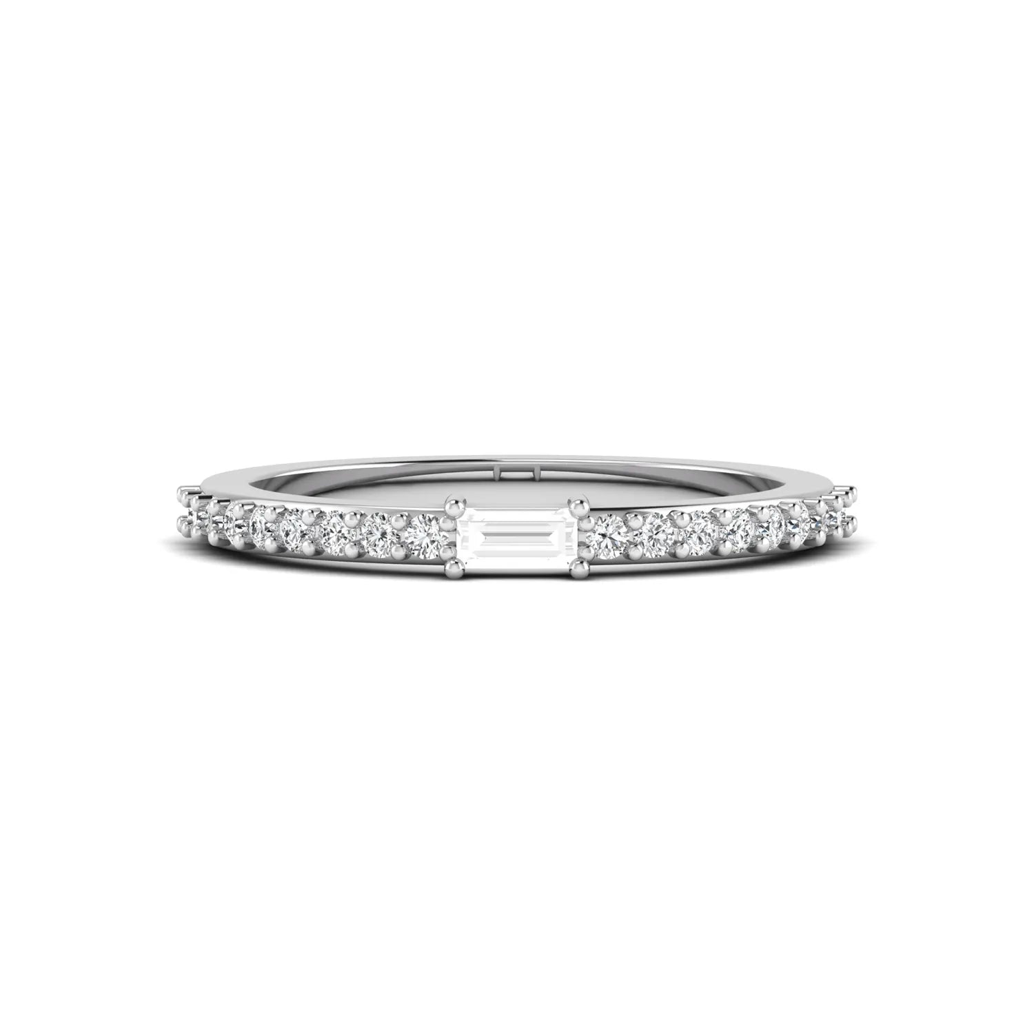 Baguette cut lab grown diamond band ring featuring a bar-prong set center diamond with round accent diamonds on a slim white gold style band.