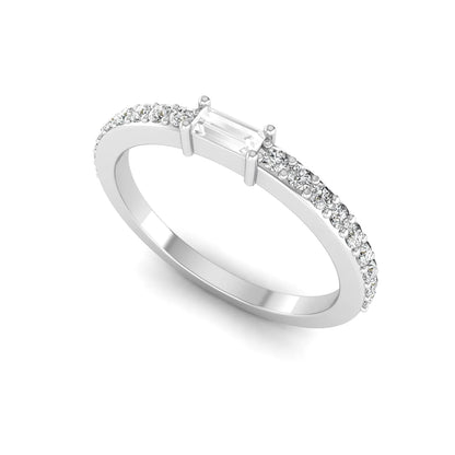 Baguette cut lab grown diamond band ring featuring a bar-prong set center diamond with round accent diamonds on a slim white gold style band.
