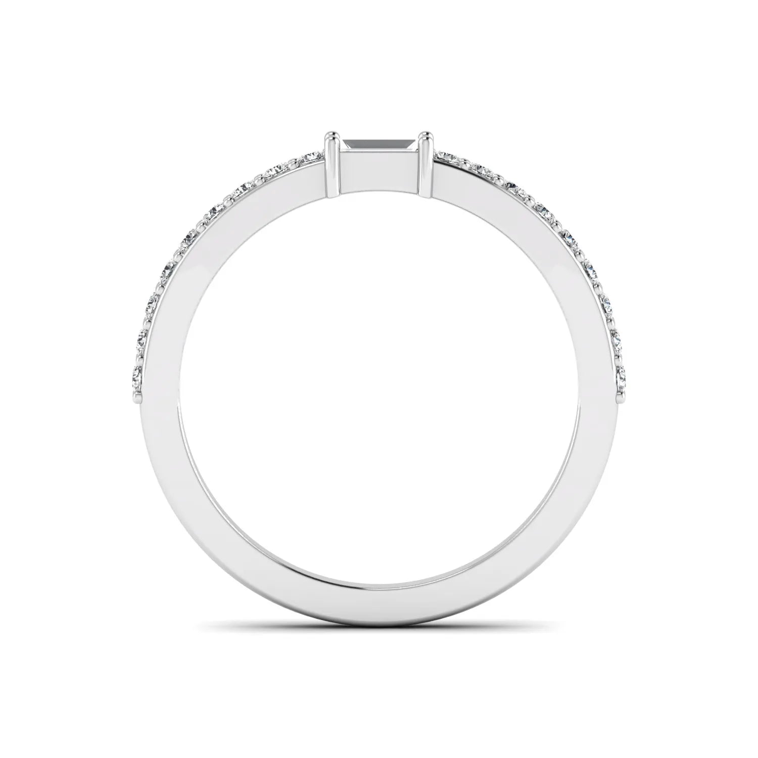Baguette cut lab grown diamond band ring featuring a bar-prong set center diamond with round accent diamonds on a slim white gold style band.