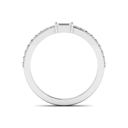 Baguette cut lab grown diamond band ring featuring a bar-prong set center diamond with round accent diamonds on a slim white gold style band.