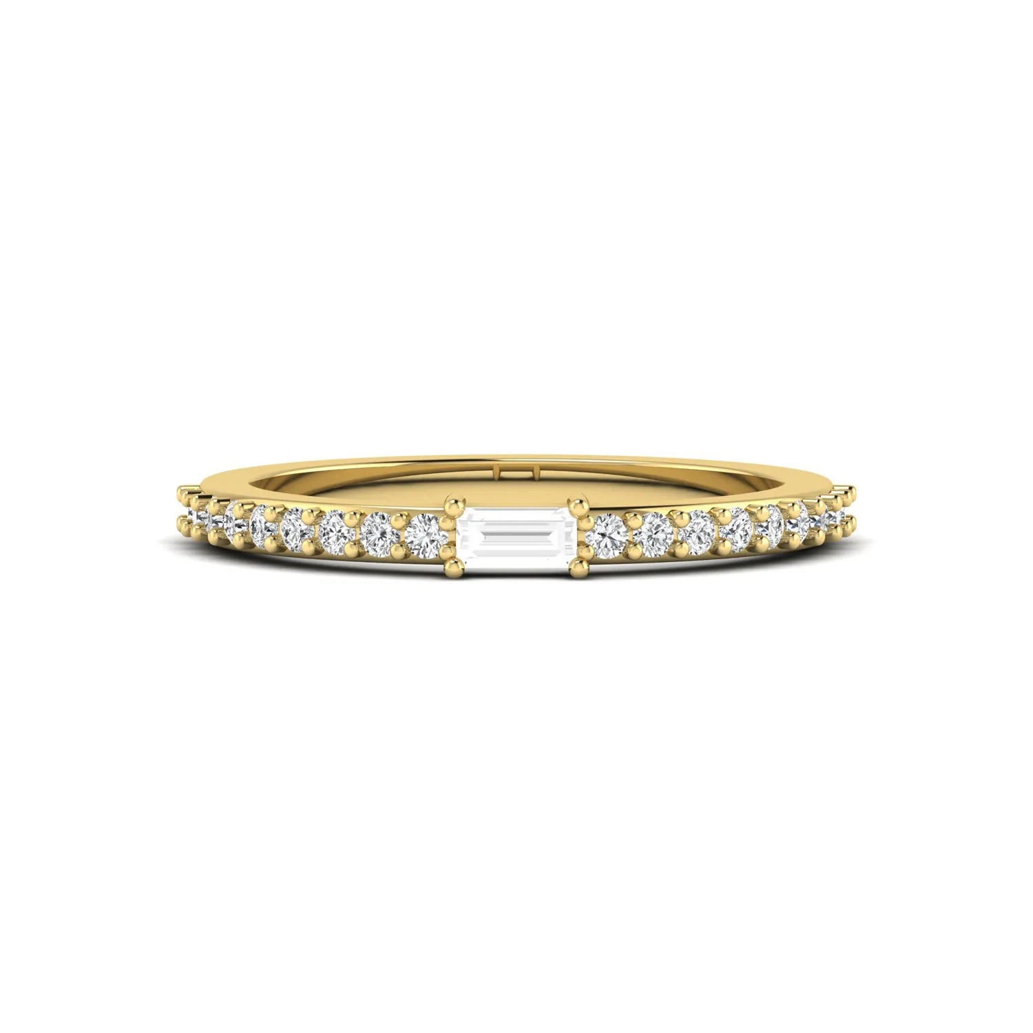 Baguette cut lab grown diamond band ring featuring a bar-prong set center diamond with round accent diamonds on a slim yellow gold style band.