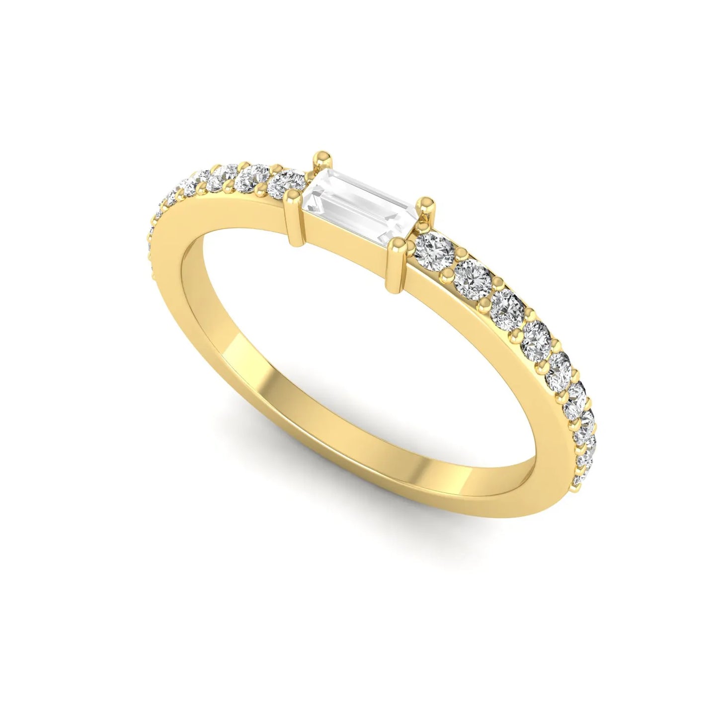 Baguette cut lab grown diamond band ring featuring a bar-prong set center diamond with round accent diamonds on a slim yellow gold style band.