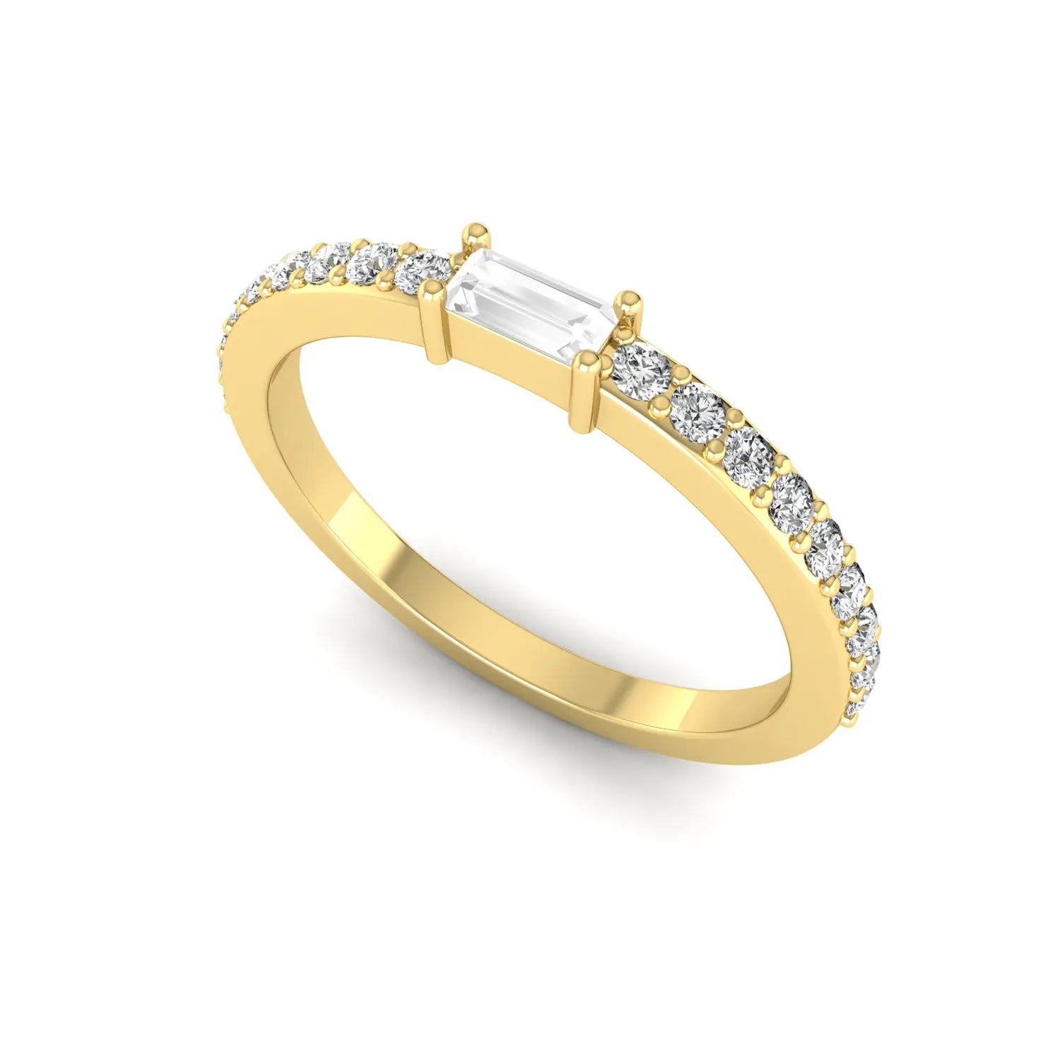 Baguette cut lab grown diamond band ring featuring a bar-prong set center diamond with round accent diamonds on a slim yellow gold style band.